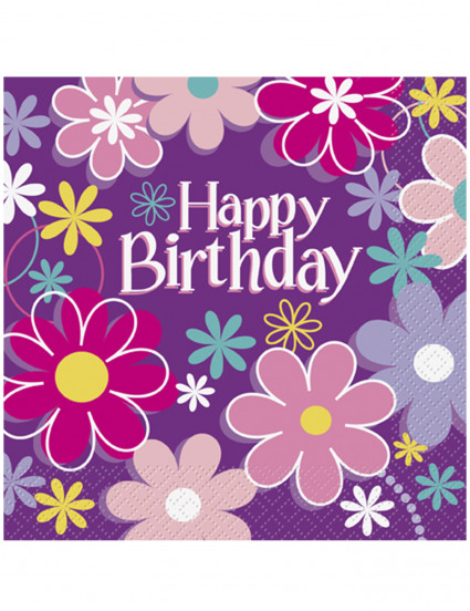 16 Happy Birthday papieren servetten bloemen 33 x 33 cm 16 Happy Birthday papieren servetten bloemen 33 x 33 cm
