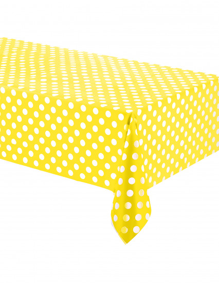 Geel plastic tafelkleed met witte stippen 1;37 x 2;74 m Geel plastic tafelkleed met witte stippen 1;37 x 2;74 m