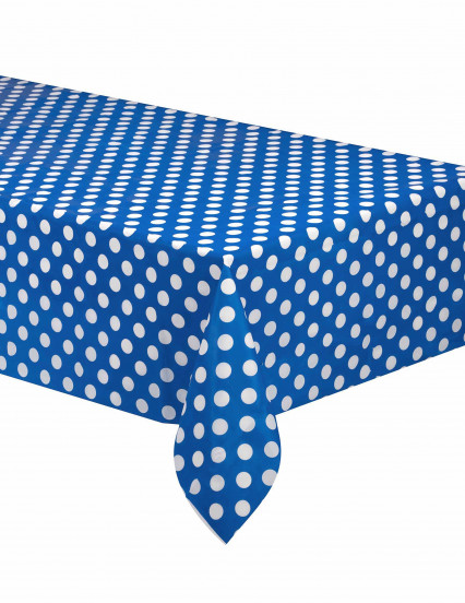 Marineblauw tafelkleed met witte kunststof stippen 137 x 274 cm Marineblauw tafelkleed met witte kunststof stippen 137 x 274 cm