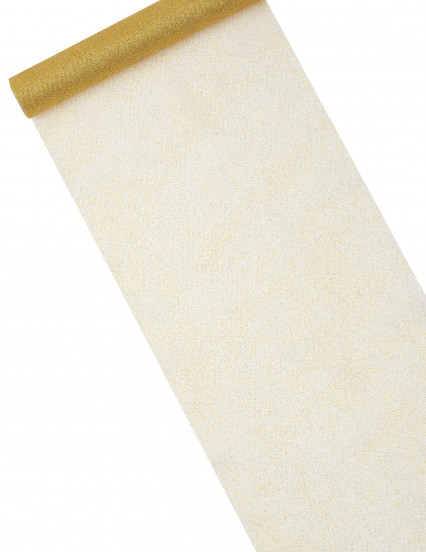 Tafelloper van goudkleurige tule met glitter 29 cm x 5 m Tafelloper van goudkleurige tule met glitter 29 cm x 5 m