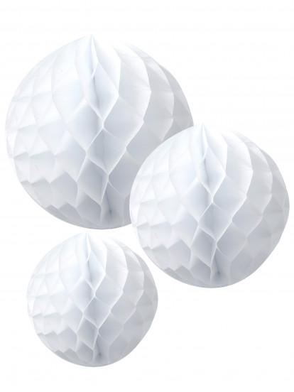 3 witte ballen van honingraatpapier 15; 20 en 25 cm 3 witte ballen van honingraatpapier 15; 20 en 25 cm