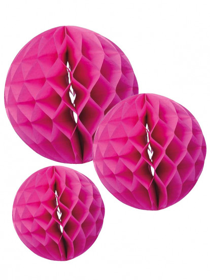 3 fuchsiaroze ballen van honingraatpapier 15; 20 en 25 cm 3 fuchsiaroze ballen van honingraatpapier 15; 20 en 25 cm