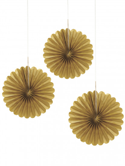3 Mini goudkleurige papieren rozetten 15 cm 3 Mini goudkleurige papieren rozetten 15 cm