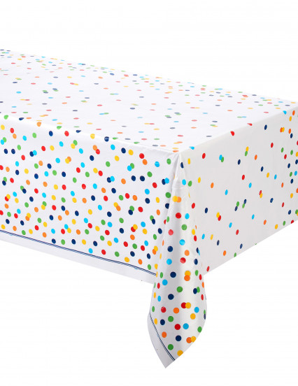 Plastic tafelkleed Happy Birthday met gekleurde stippen 137 cm x 213 cm Plastic tafelkleed Happy Birthday met gekleurde stippen 137 cm x 213 cm
