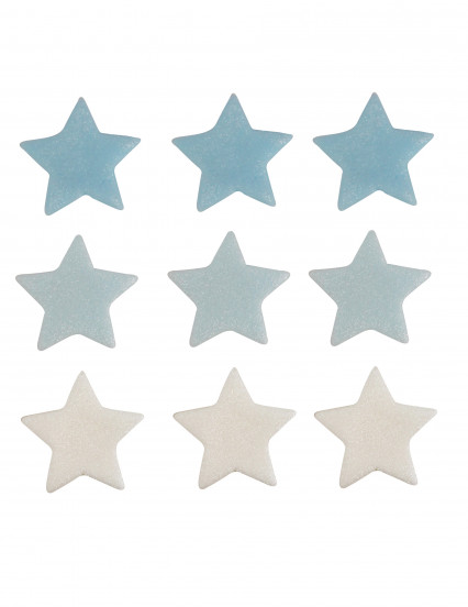 9 Blauwe en witte stervormige taartdecoraties van suiker 2;5 cm 9 Blauwe en witte stervormige taartdecoraties van suiker 2;5 cm