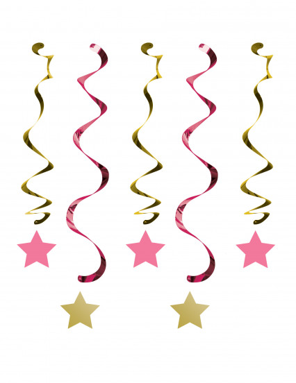 5 Spiraalhangers One Little Star roze en goud 76 en 99 cm 5 Spiraalhangers One Little Star roze en goud 76 en 99 cm