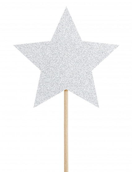 6 Taartdecoraties met prikker Zilverkleurige ster met glitter 11;5 cm 6 Taartdecoraties met prikker Zilverkleurige ster met glitter 11;5 cm