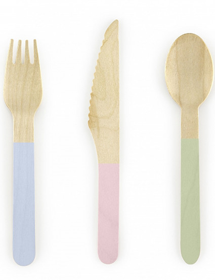 18 houten bestek met pastelkleurige handvatten 16 cm 18 houten bestek met pastelkleurige handvatten 16 cm