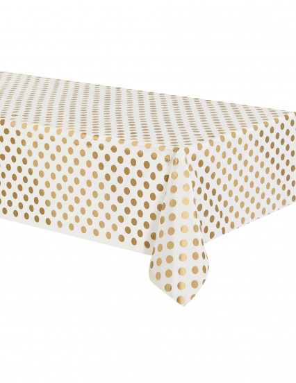 Wit plastic tafelkleed met goudkleurige stippen 137 x 274 cm Wit plastic tafelkleed met goudkleurige stippen 137 x 274 cm