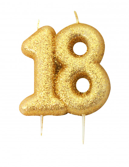 Verjaardagskaars met prikker 18 jaar goudkleurig glitter 7 cm Verjaardagskaars met prikker 18 jaar goudkleurig glitter 7 cm