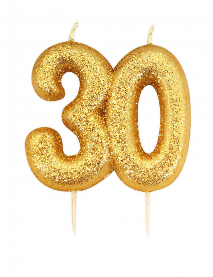 Verjaardagskaars met prikker 30 jaar goudkleurig glitter 7 cm Verjaardagskaars met prikker 30 jaar goudkleurig glitter 7 cm
