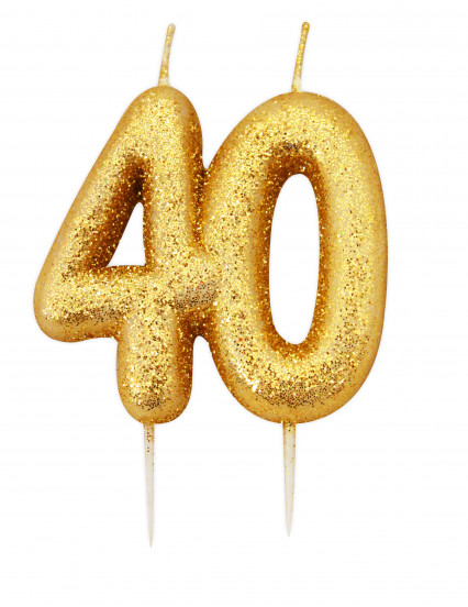 Verjaardagskaars met prikker 40 jaar goudkleurig glitter 7 cm Verjaardagskaars met prikker 40 jaar goudkleurig glitter 7 cm