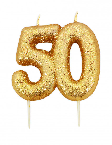 Verjaardagskaars met prikker 50 jaar goudkleurig glitter 7 cm Verjaardagskaars met prikker 50 jaar goudkleurig glitter 7 cm