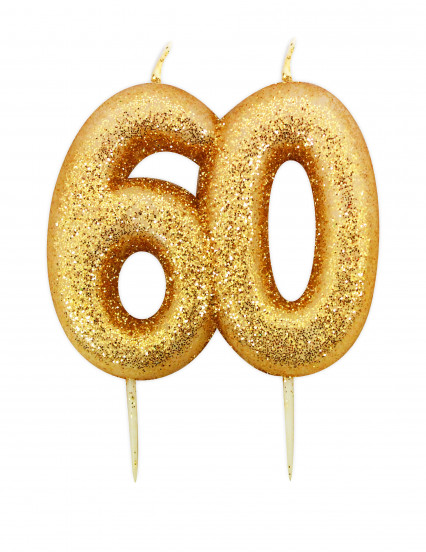 Verjaardagskaars met prikker 60 jaar goudkleurig glitter 7 cm Verjaardagskaars met prikker 60 jaar goudkleurig glitter 7 cm