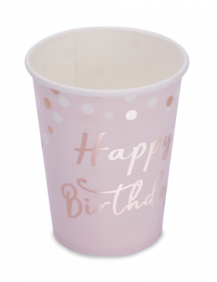 8 Kartonnen bekers Happy Birthday confettis goudroze 255 ml 8 Kartonnen bekers Happy Birthday confettis goudroze 255 ml