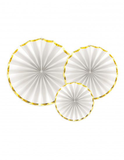 3 witte en goudkleurige papieren rozetten 40; 32 en 23 cm 3 witte en goudkleurige papieren rozetten 40; 32 en 23 cm