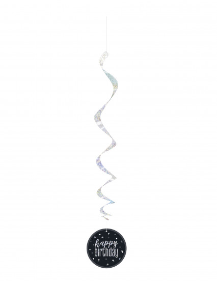 6 Spiraalhangers Happy Birthday zwart en grijs 81 cm 6 Spiraalhangers Happy Birthday zwart en grijs 81 cm