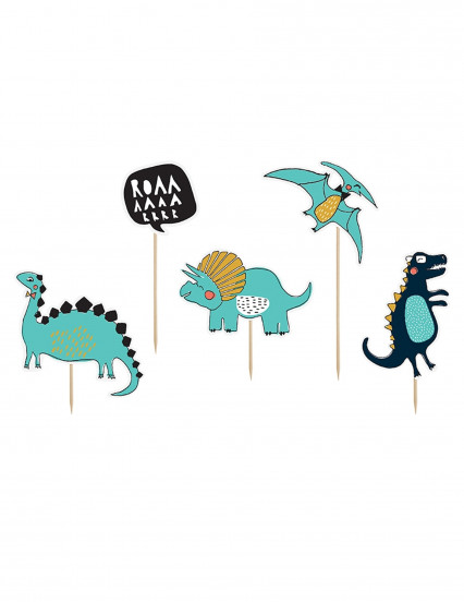 5 Kartonnen Taarttoppers dinosaurus blauw 10;5 - 20 cm 5 Kartonnen Taarttoppers dinosaurus blauw 10;5 - 20 cm