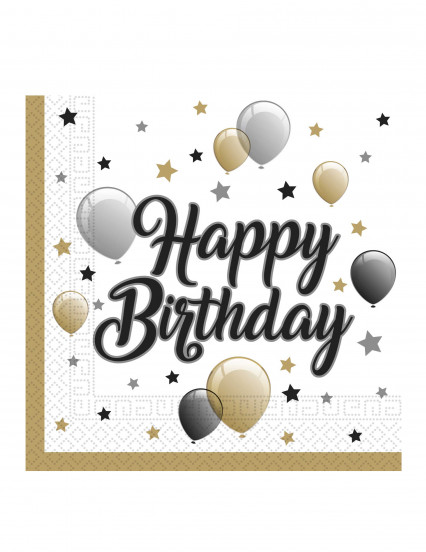 20 papieren servetten Happy BIrthday goud zwart zilver 33 x 33 cm 20 papieren servetten Happy BIrthday goud zwart zilver 33 x 33 cm