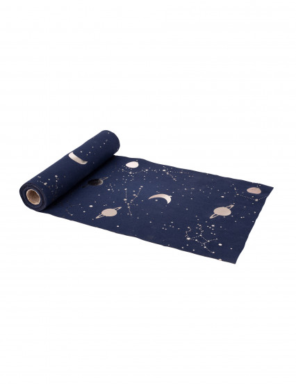 Linnen tafelloper in marineblauw en goud astronaut 28 cm x 5 m Linnen tafelloper in marineblauw en goud astronaut 28 cm x 5 m