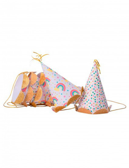 6 Meerkleurige regenboog feesthoedjes met goudkleurige glitter 12;5 x 7;5 cm 6 Meerkleurige regenboog feesthoedjes met goudkleurige glitter 12;5 x 7;5 cm