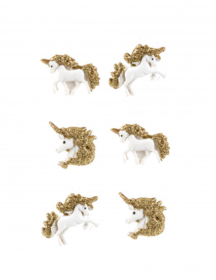 6 Zelfklevende eenhoorns van hars met goudkleurige glitter 3 cm 6 Zelfklevende eenhoorns van hars met goudkleurige glitter 3 cm