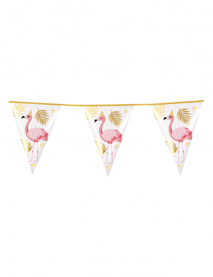 Plastic slinger 10 vlaggetjes Tropical Flamingo 30 x 20 cm Plastic slinger 10 vlaggetjes Tropical Flamingo 30 x 20 cm