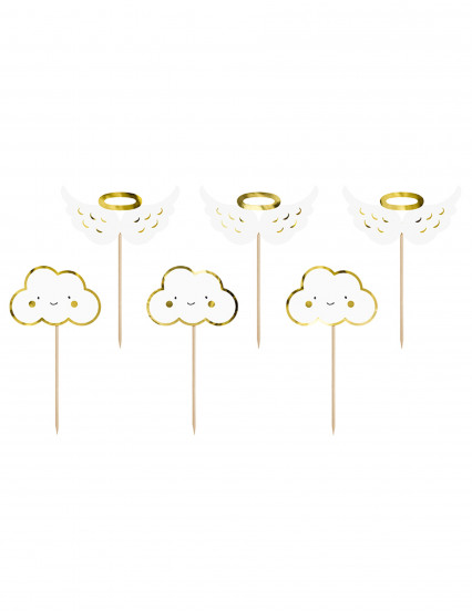 6 Houten taarttoppers witte en goud metallic wolken en vleugels 12;5 cm 6 Houten taarttoppers witte en goud metallic wolken en vleugels 12;5 cm