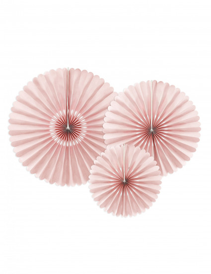 3 decoratieve rozetten van poederroze papier 26; 34;5 en 43 cm 3 decoratieve rozetten van poederroze papier 26; 34;5 en 43 cm