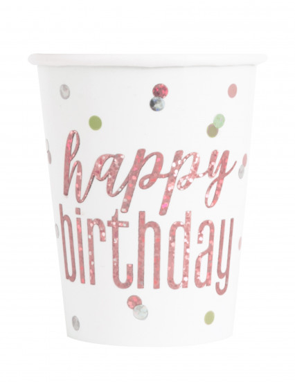 8 Kartonnen bekers happy birthday wit en roze glitter 266 ml 8 Kartonnen bekers happy birthday wit en roze glitter 266 ml