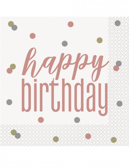 16 Papieren Servetten Happy Birthday wit en goudroze 33 x 33 cm 16 Papieren Servetten Happy Birthday wit en goudroze 33 x 33 cm
