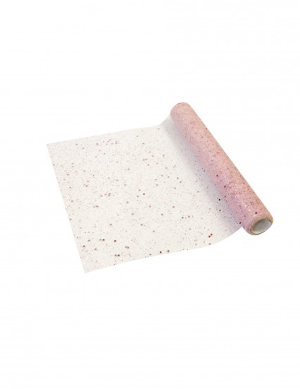 Tafelloper van roze tule met goudroze glitter 28 cm x 5 m Tafelloper van roze tule met goudroze glitter 28 cm x 5 m