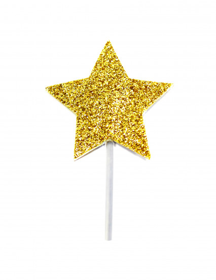 12 Taarttoppers met prikker ster goudkleurige glotter 6;5 cm 12 Taarttoppers met prikker ster goudkleurige glotter 6;5 cm