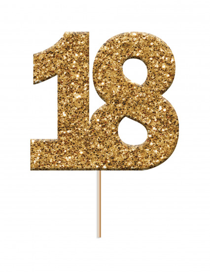 Kunststof taarttopper nummer 18 goud glitter 3,8 x 4 x 6,5 cm Kunststof taarttopper nummer 18 goud glitter 3,8 x 4 x 6,5 cm