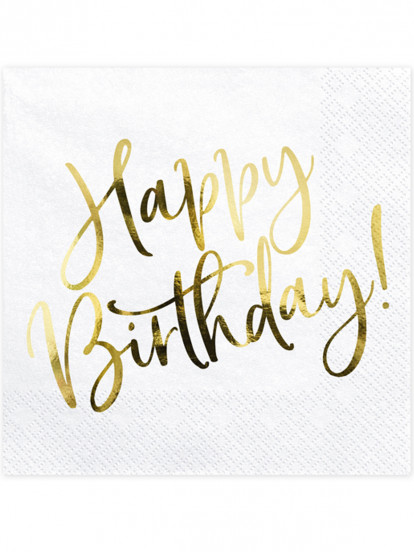 20 Papieren servetten happy birthday wit en goud 33 x 33 cm 20 Papieren servetten happy birthday wit en goud 33 x 33 cm