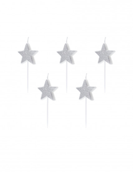 5 Verjaardagskaarsjes met prikker zilverkleurige sterren met glitter 3;5 cm 5 Verjaardagskaarsjes met prikker zilverkleurige sterren met glitter 3;5 cm