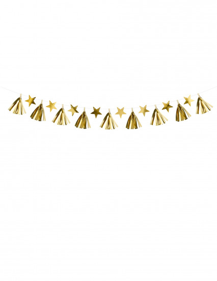 Papieren kwastjesslinger met gouden sterren 15 cm x 1;3 m Papieren kwastjesslinger met gouden sterren 15 cm x 1;3 m