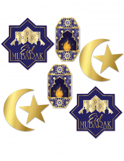 8 Eid Mubarak blauw en goud kartonnen decoraties 12 - 28 cm 8 Eid Mubarak blauw en goud kartonnen decoraties 12 - 28 cm