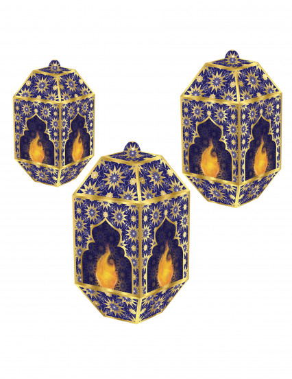 3 Eid Mubarak blauwe en gouden papieren lantaarns 20, 24 en 28 cm 3 Eid Mubarak blauwe en gouden papieren lantaarns 20, 24 en 28 cm