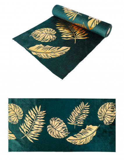Tafelloper in groen fluweel met goudkleurige bladeren 28 cm x 3 m Tafelloper in groen fluweel met goudkleurige bladeren 28 cm x 3 m