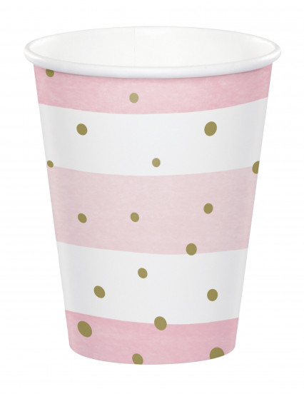 6 Kartonnen bekers roze en wit met goudkleurige stippen 260 ml 6 Kartonnen bekers roze en wit met goudkleurige stippen 260 ml