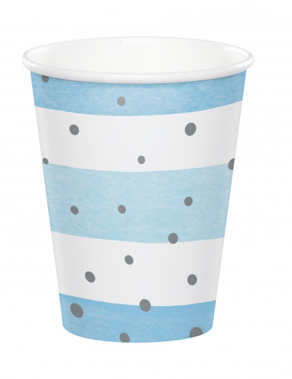 8 Kartonnen bekers blauw en wit met zilverkleurige stippen 260 ml 8 Kartonnen bekers blauw en wit met zilverkleurige stippen 260 ml