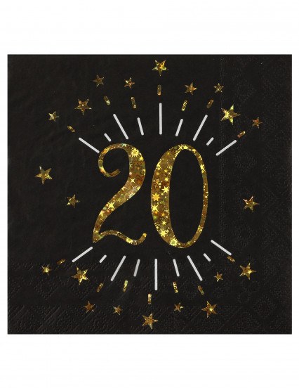10 Papieren servetten Happy Birthday 20 zwart en goud 33 x 33 cm 10 Papieren servetten Happy Birthday 20 zwart en goud 33 x 33 cm