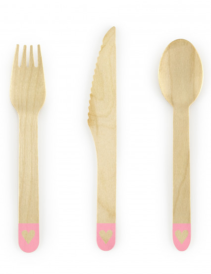 18 stuks roze houten bestek met hart 16 cm 18 stuks roze houten bestek met hart 16 cm