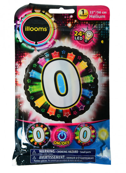 Nummer 0 veelkleurige LED folieballon Illooms® 50 cm Nummer 0 veelkleurige LED folieballon Illooms® 50 cm