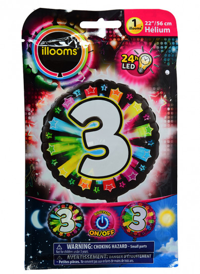 Nummer 3 veelkleurige LED folieballon Illooms® 50 cm Nummer 3 veelkleurige LED folieballon Illooms® 50 cm