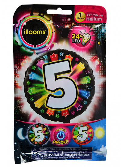 Nummer 5 veelkleurige LED folieballon Illooms® 50 cm Nummer 5 veelkleurige LED folieballon Illooms® 50 cm