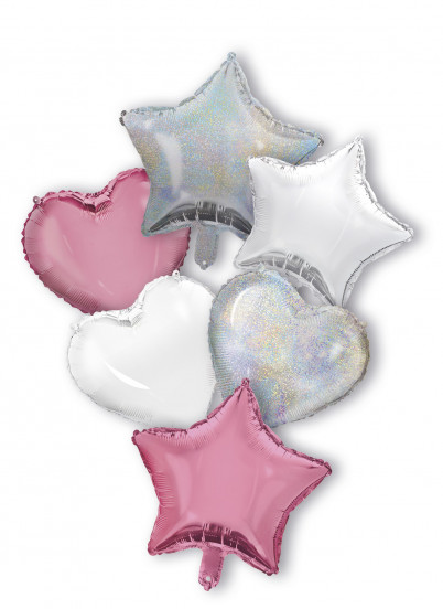 Boeket van 6 zilver en roze ballonnen met hartjes en sterren 6 X 1;5 m Boeket van 6 zilver en roze ballonnen met hartjes en sterren 6 X 1;5 m