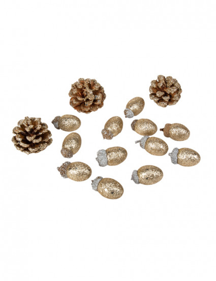 Lot 15 stuks eikels en dennenappels met pailletten 5 en 6 cm Lot 15 stuks eikels en dennenappels met pailletten 5 en 6 cm